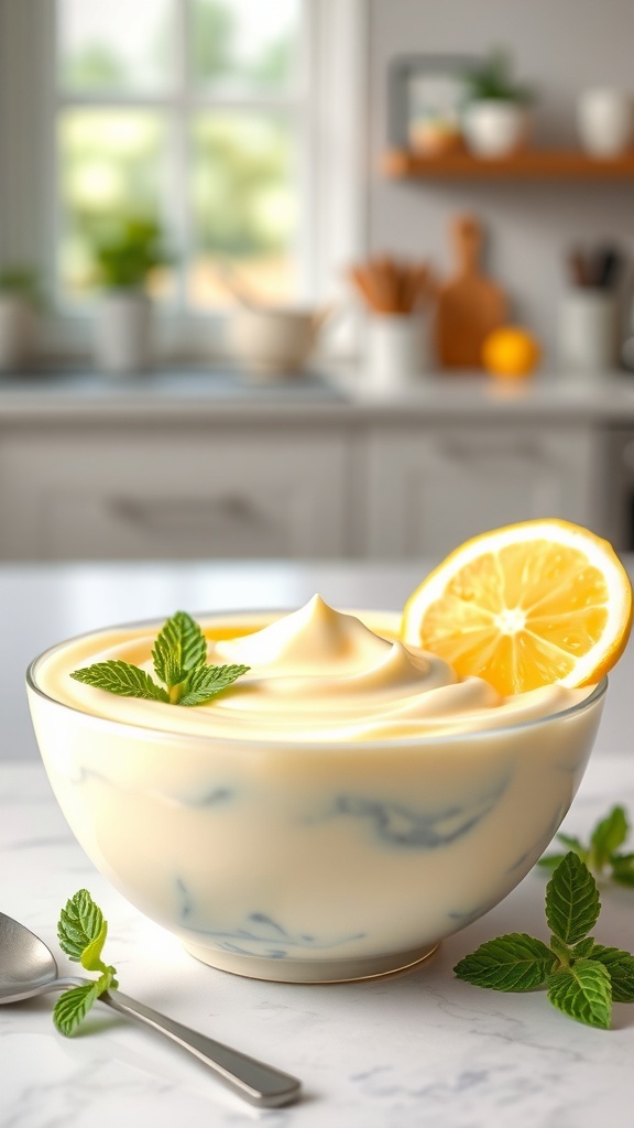 A bowl of lemon yogurt dessert garnished with mint leaves and lemon slice, set in a bright kitchen.